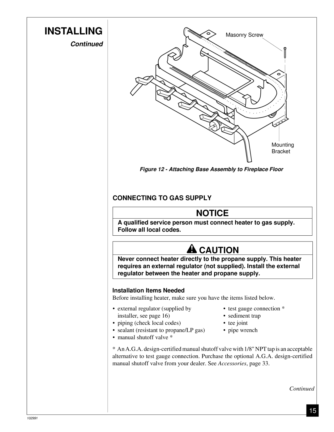 Desa Tech CGD3018P, CGD3924P, CGD3930P Connecting to GAS Supply, Attaching Base Assembly to Fireplace Floor 