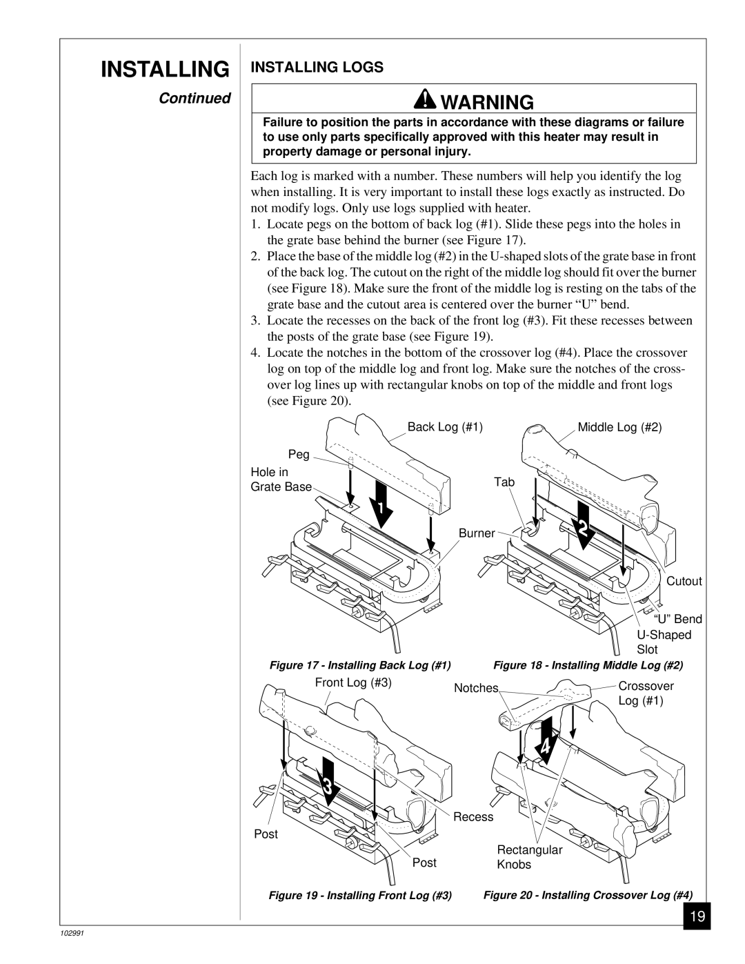 Desa Tech CGD3924P, CGD3018P, CGD3930P installation manual Installing Logs, Installing Back Log #1 