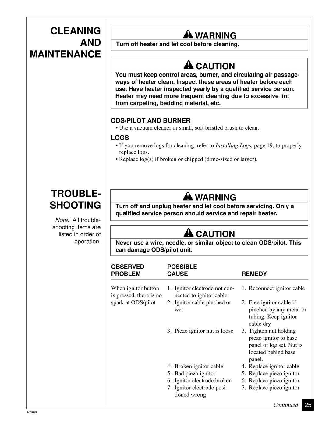 Desa Tech CGD3924P, CGD3018P, CGD3930P Cleaning and Maintenance Trouble Shooting, ODS/PILOT and Burner, Logs 