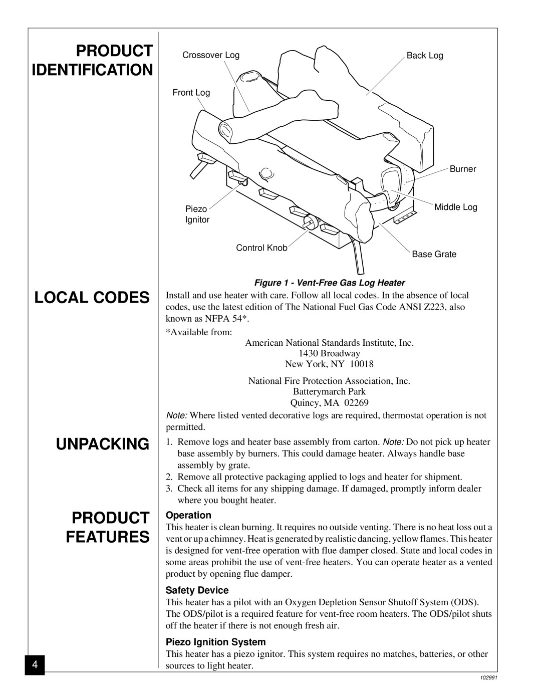 Desa Tech CGD3924P, CGD3018P Local Codes Unpacking Product Features, Operation, Safety Device, Piezo Ignition System 