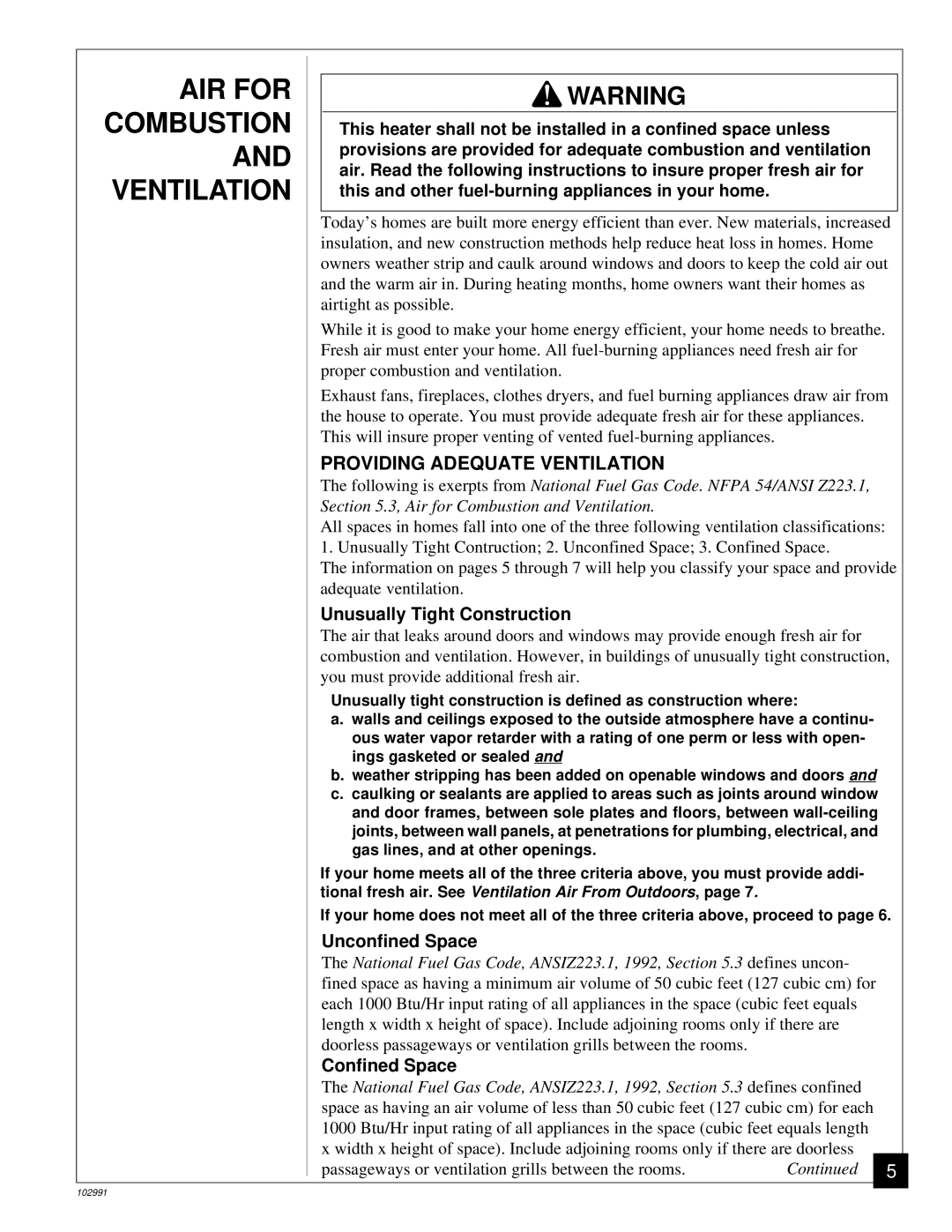 Desa Tech CGD3930P AIR for Combustion and Ventilation, Providing Adequate Ventilation, Unusually Tight Construction 