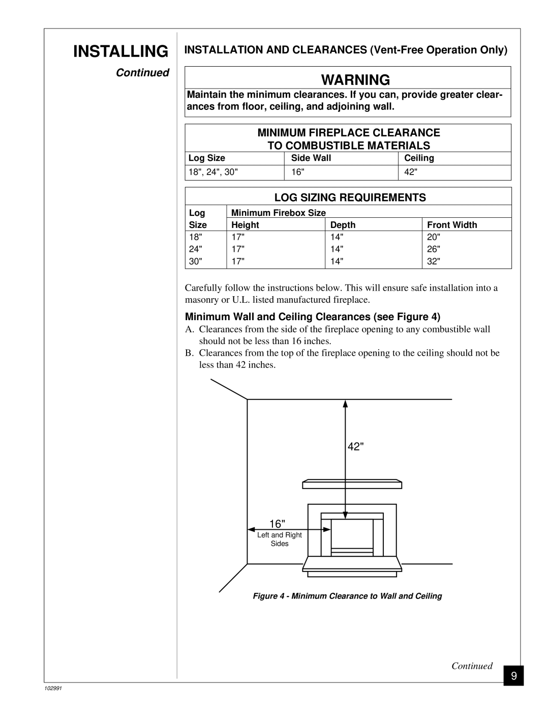 Desa Tech CGD3018P Minimum Fireplace Clearance, LOG Sizing Requirements, Minimum Wall and Ceiling Clearances see Figure 