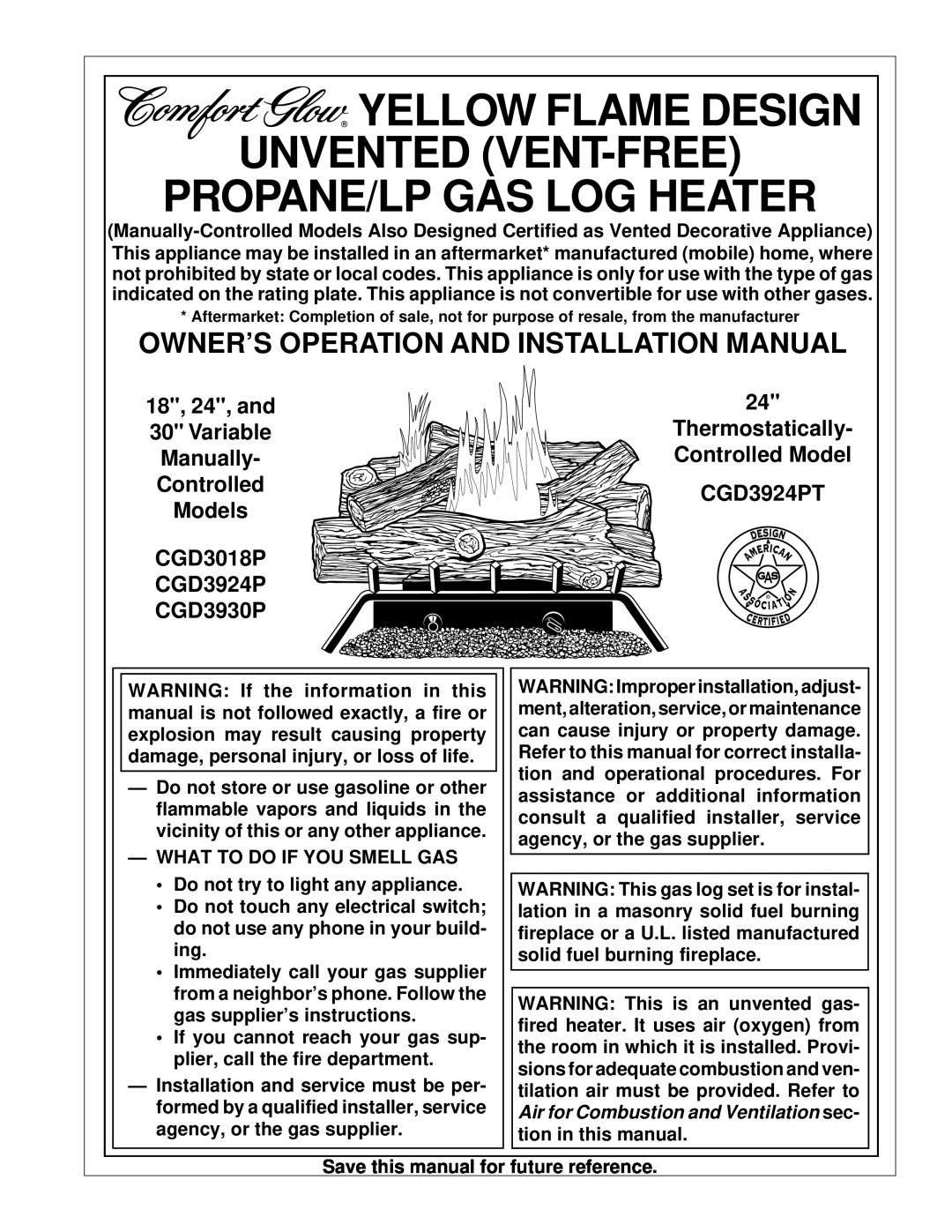 Desa Tech CGD3924P installation manual Owner’S Operation And Installation Manual, 18, 24, and, Thermostatically, Manually 