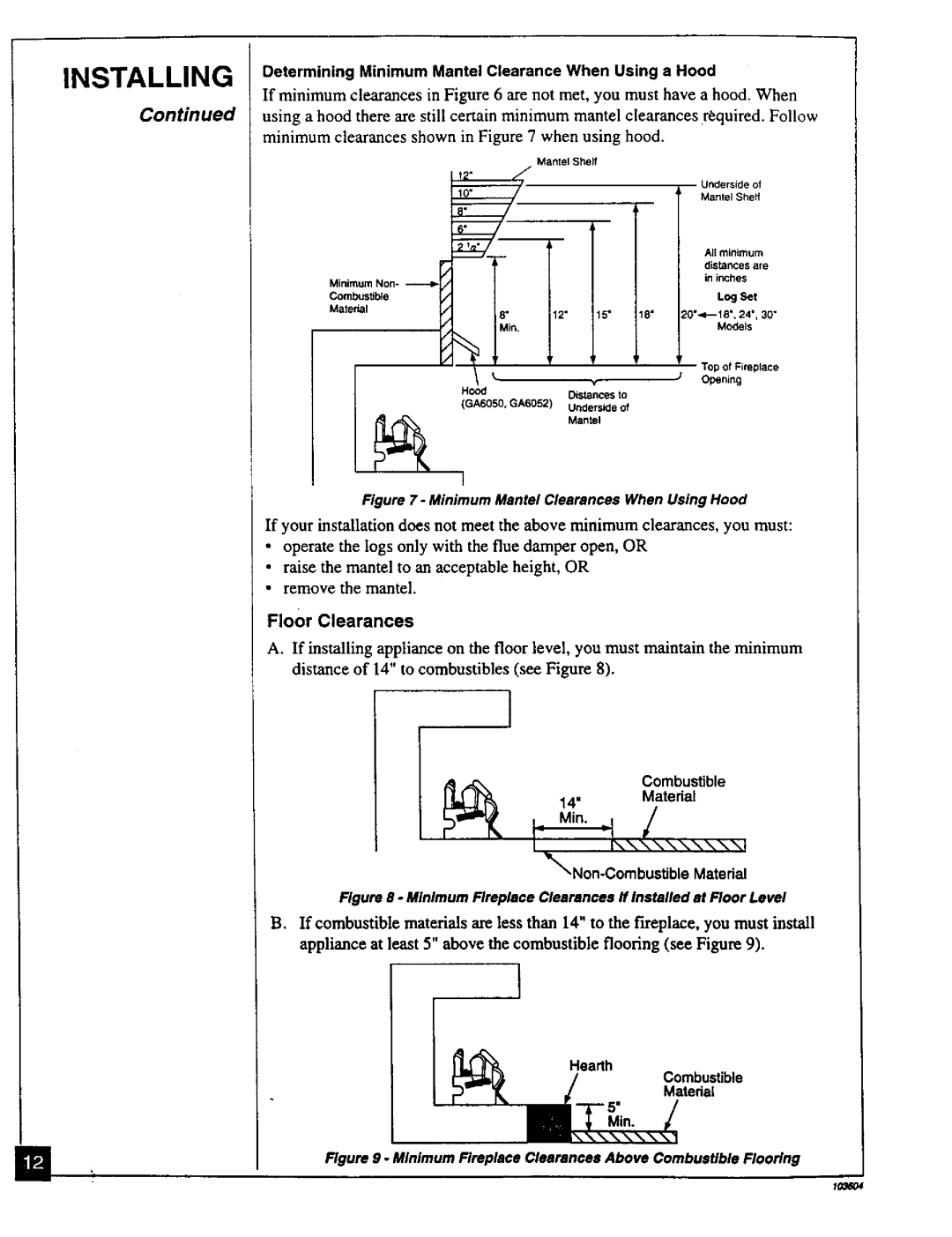 Desa Tech CGD3924PT Floor Clearances, Determining Minimum Mantel Clearance When Using a Hood, Combustible Material 