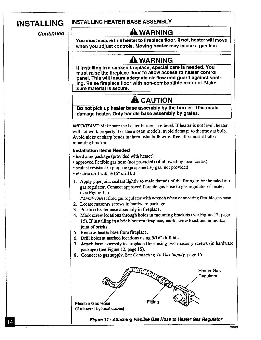 Desa Tech CGD3924PT, CGD3930PT Installing Installing Heater Base Assembly, Installation Items Needed, Regulator 