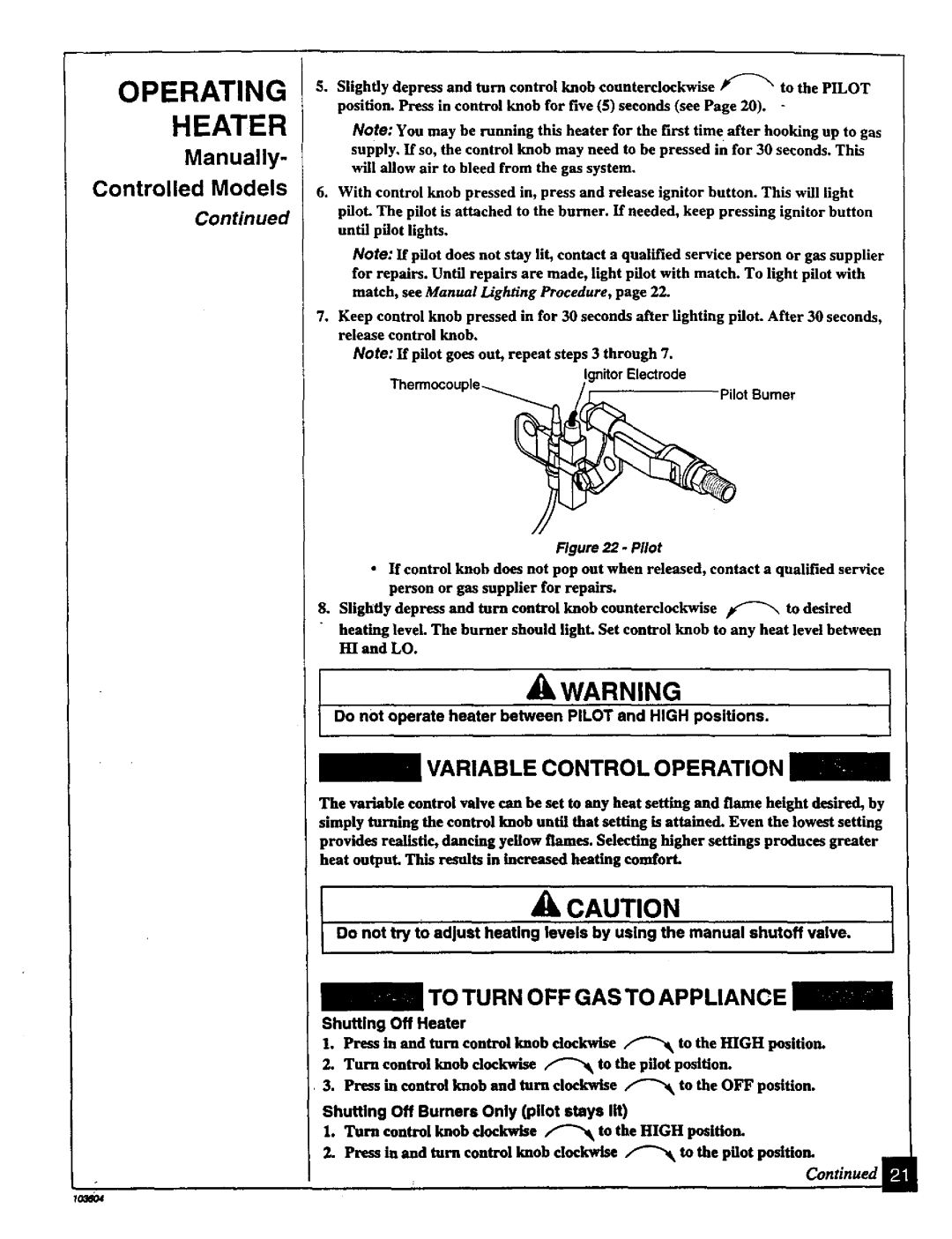 Desa Tech CGD3930PT, CGD3924PT Operating, Do not operate heater between Pilot and High positions, Shutting Off Heater 