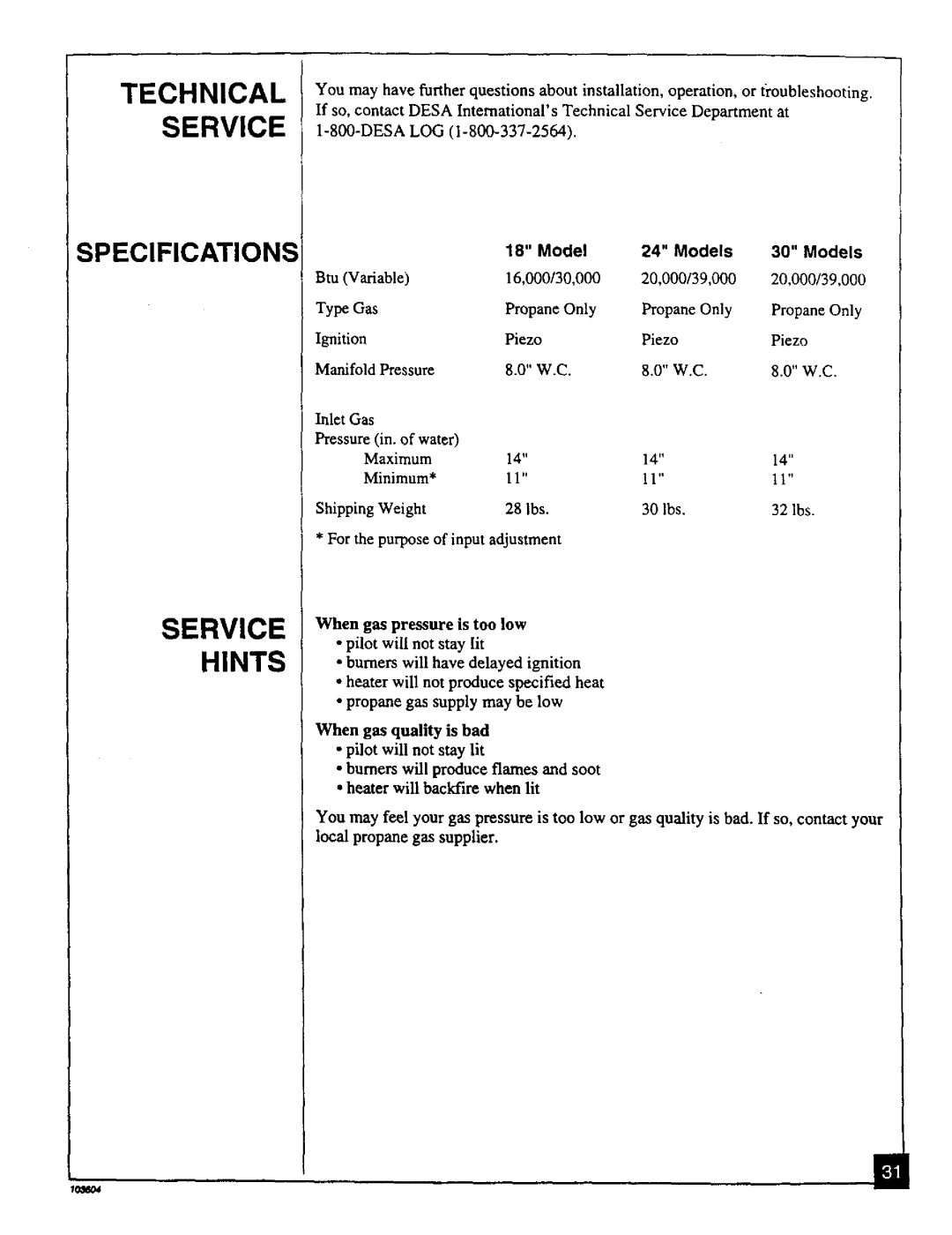 Desa Tech CGD3930PT Specifications, Model Models Btu Variable, When gas pressure is too low Pilot will not stay lit 