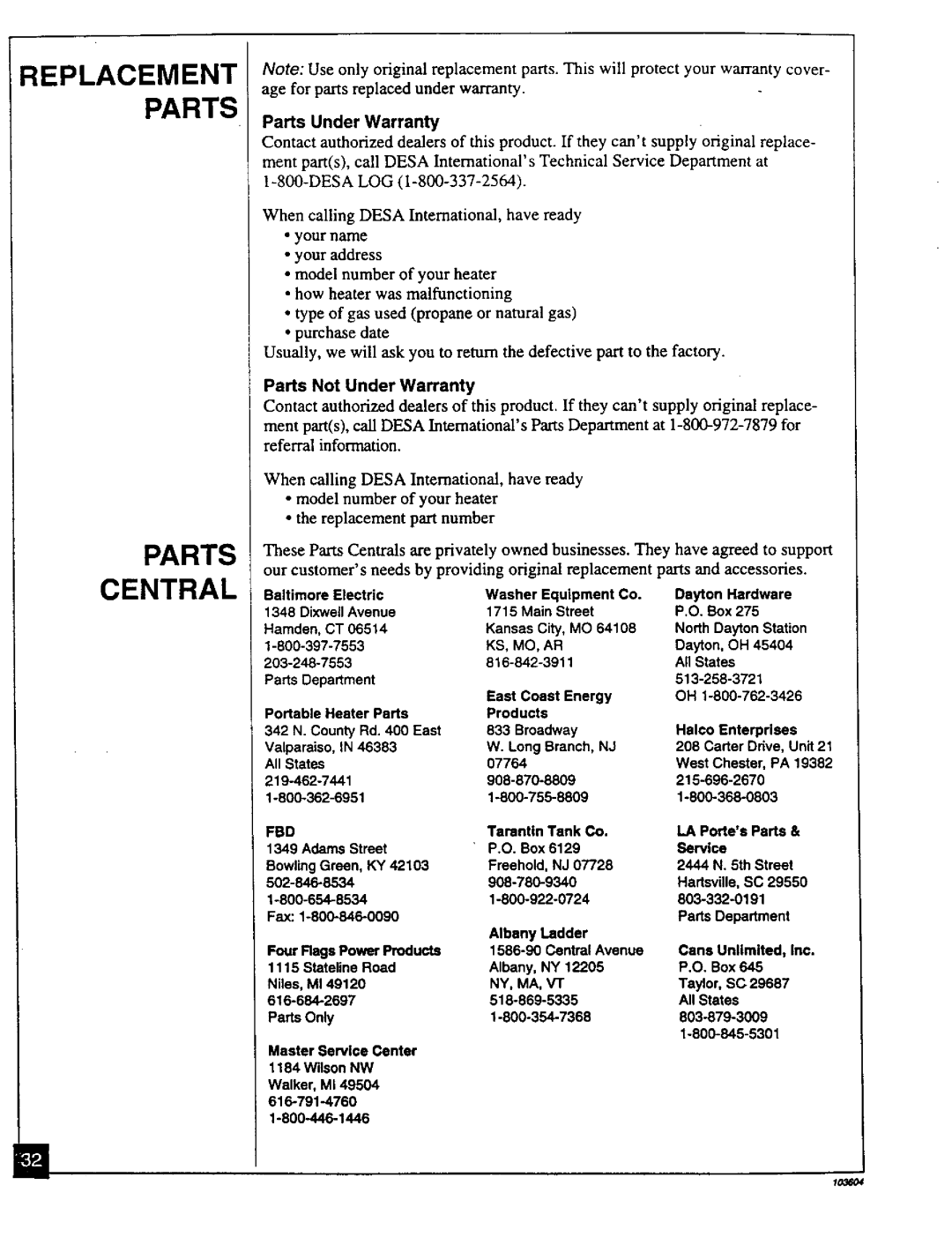 Desa Tech CGD3924PT, CGD3930PT Replacement Parts Central, Parts Under Warranty, Parts Not Under Warranty, Fbd 