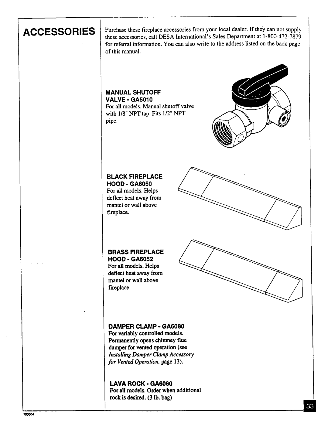 Desa Tech CGD3930PT, CGD3924PT installation manual Accessories, Black Fireplace, Hood GA6050 