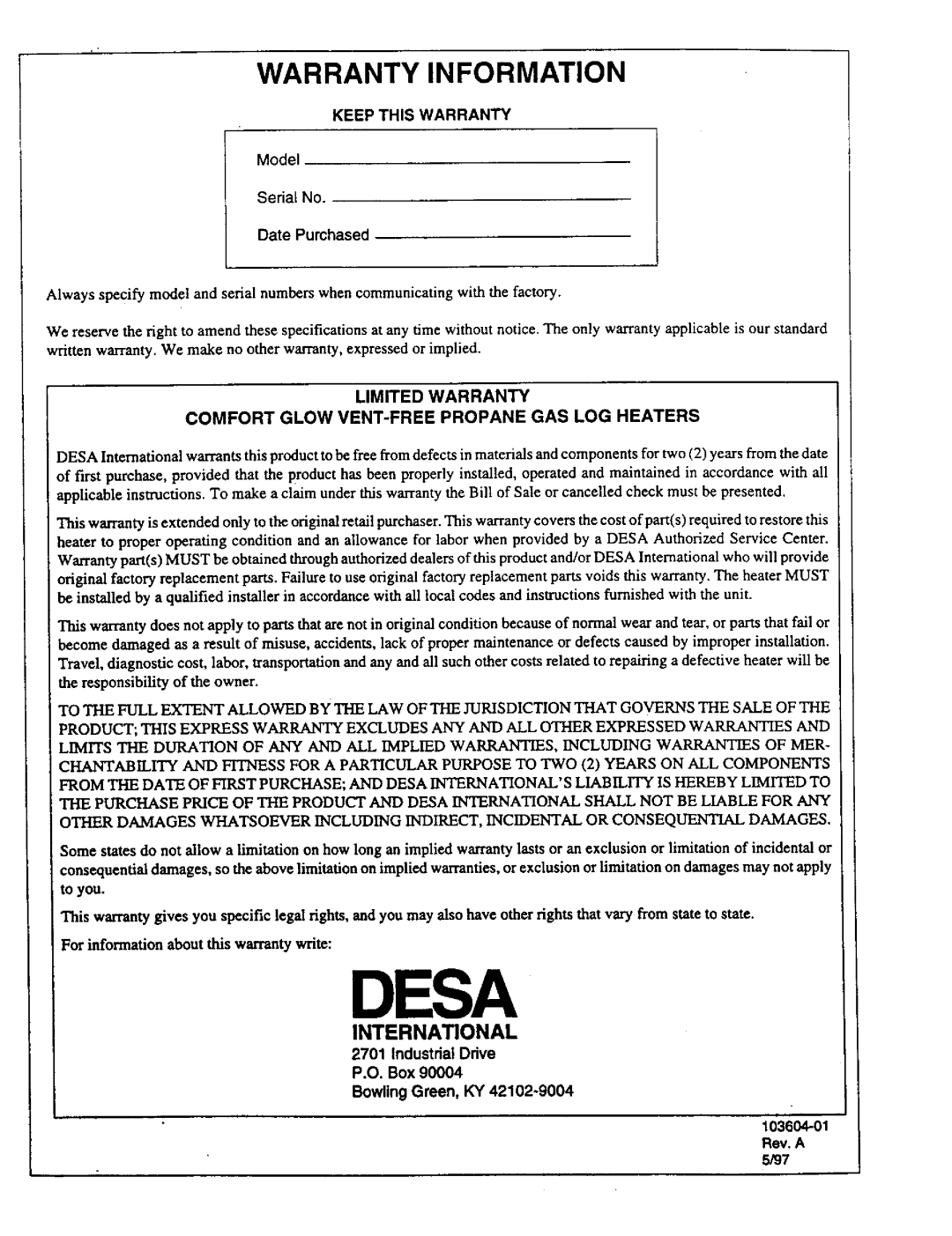 Desa Tech CGD3924PT, CGD3930PT Keep this Warranty, Date Purchased, To you, Industrial Ddve Box Bowling Green, KY 