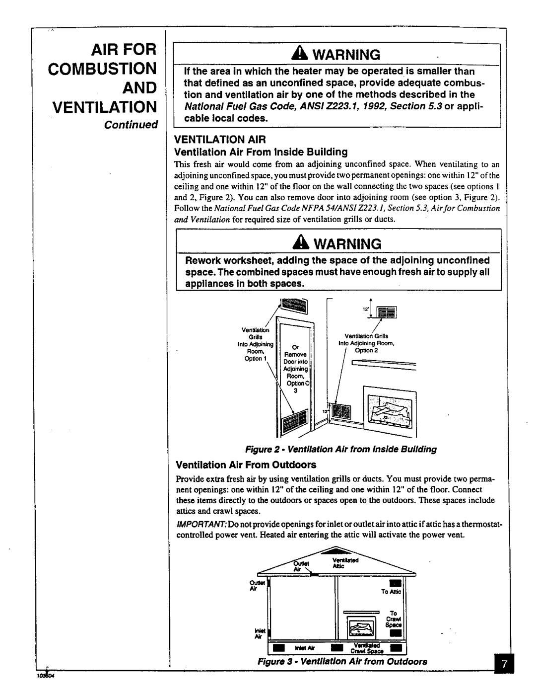 Desa Tech CGD3930PT, CGD3924PT installation manual AIR for Combustion, Ventilation AIR, Ventilation Air From Inside Building 