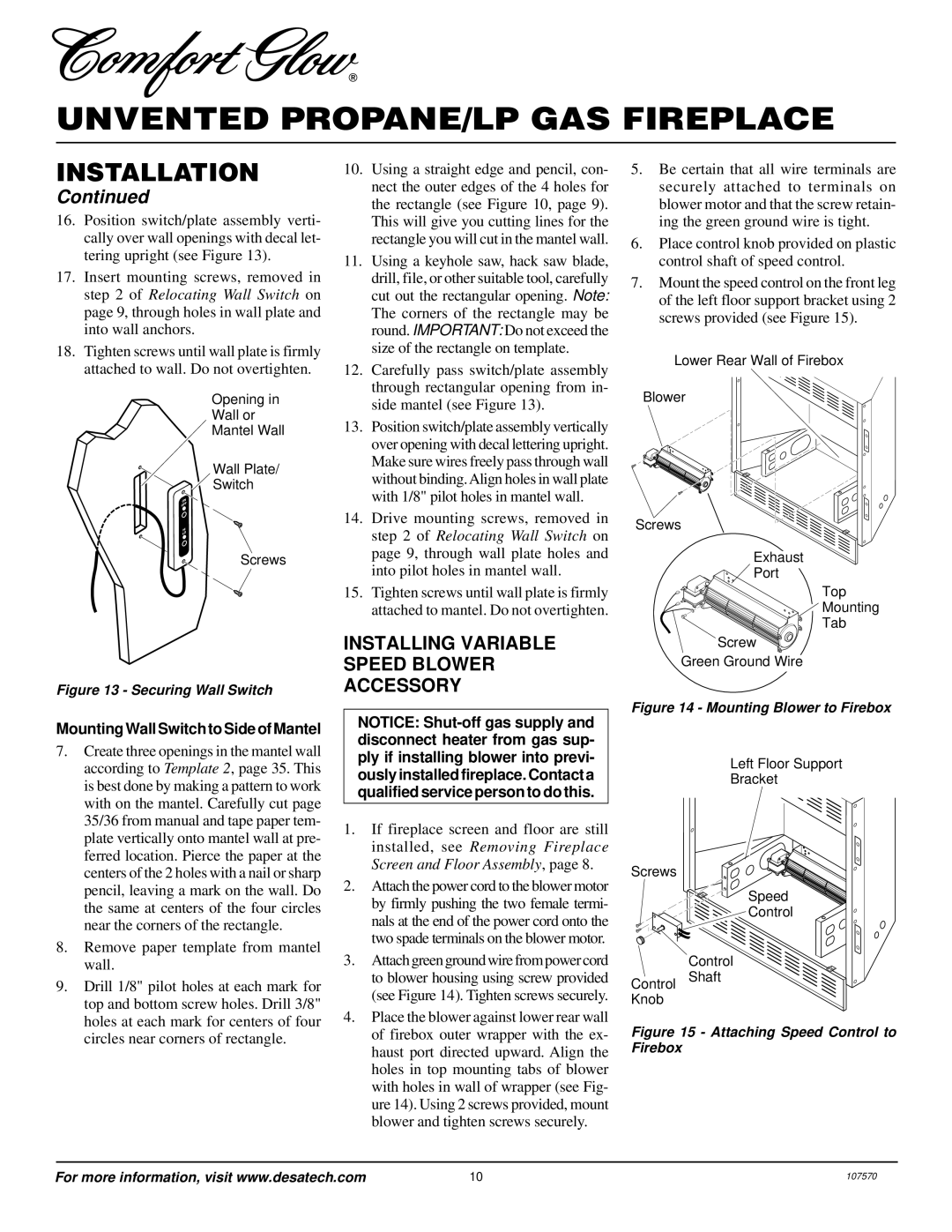 Desa Tech CGEFP33PR installation manual Installing Variable Speed Blower Accessory, Mounting Wall Switch to Side of Mantel 