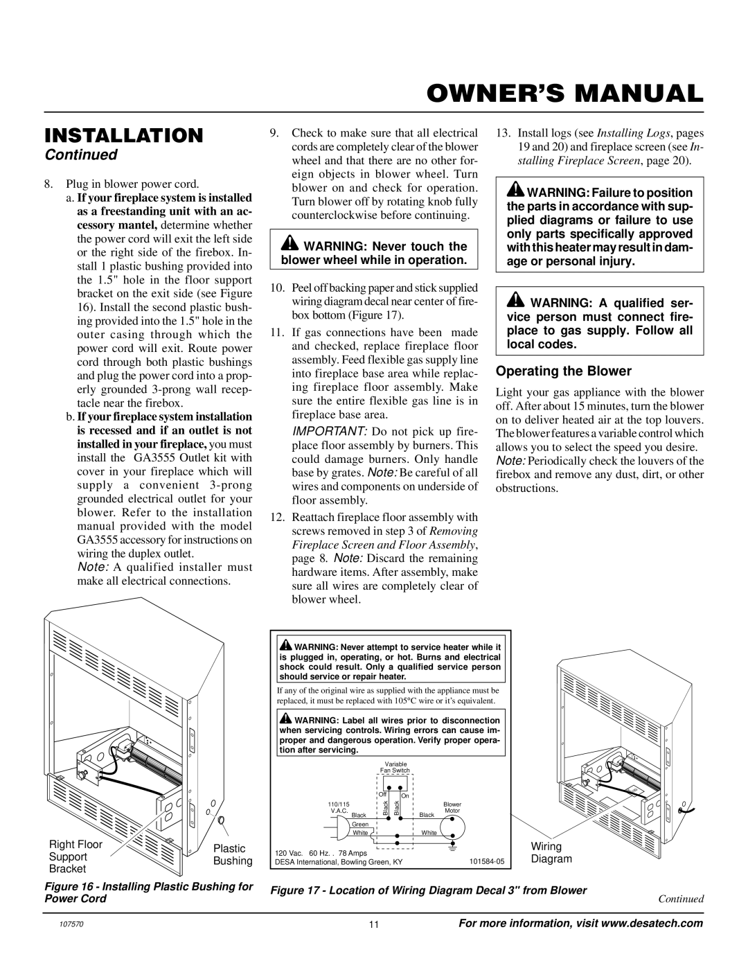 Desa Tech CGEFP33PR installation manual Operating the Blower, Installing Plastic Bushing for Power Cord 