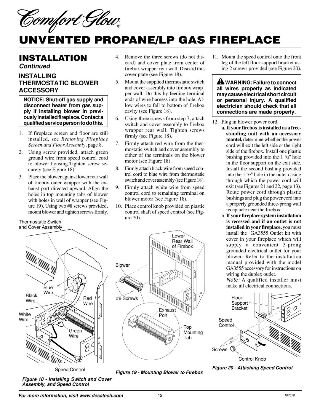 Desa Tech CGEFP33PR installation manual Installing Thermostatic Blower Accessory, Lower Rear Wall Firebox Blower 