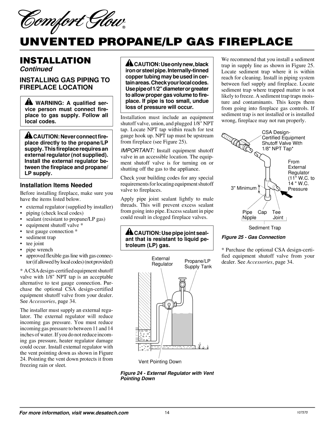 Desa Tech CGEFP33PR installation manual Installing GAS Piping to Fireplace Location, Installation Items Needed 