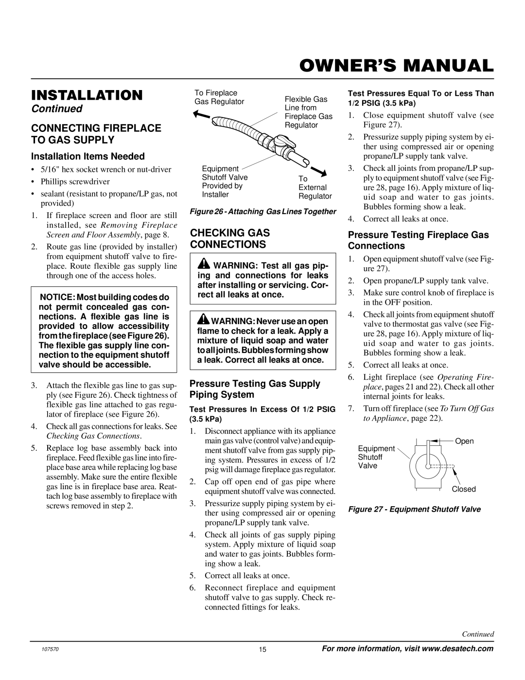 Desa Tech EFP33PR Connecting Fireplace to GAS Supply, Checking GAS Connections, Pressure Testing Gas Supply Piping System 