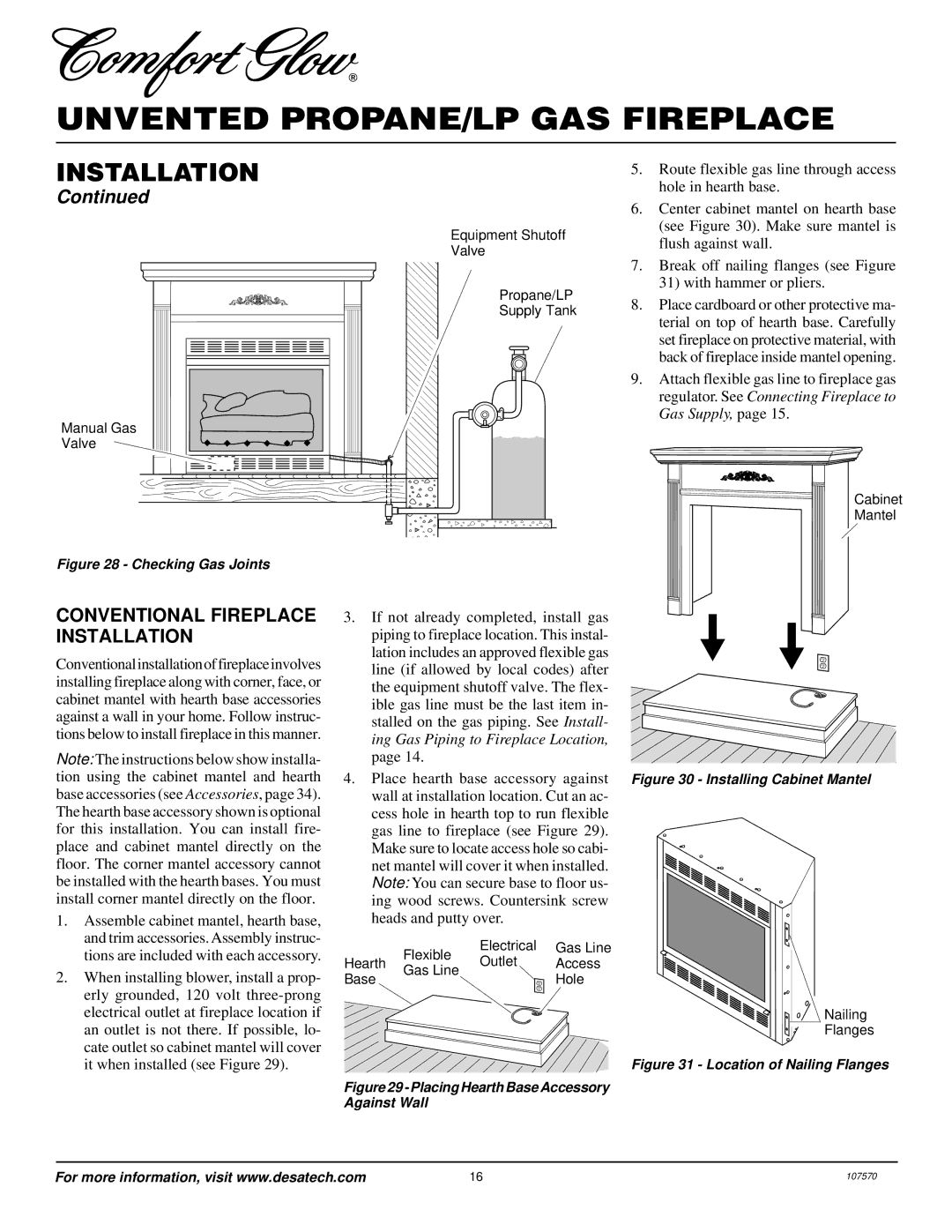 Desa Tech CGEFP33PR installation manual Conventional Fireplace Installation, Checking Gas Joints 