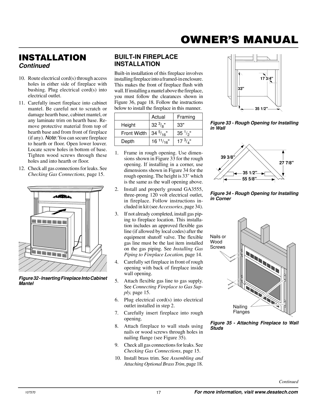 Desa Tech CGEFP33PR installation manual BUILT-IN Fireplace Installation, Inserting Fireplace Into Cabinet Mantel 