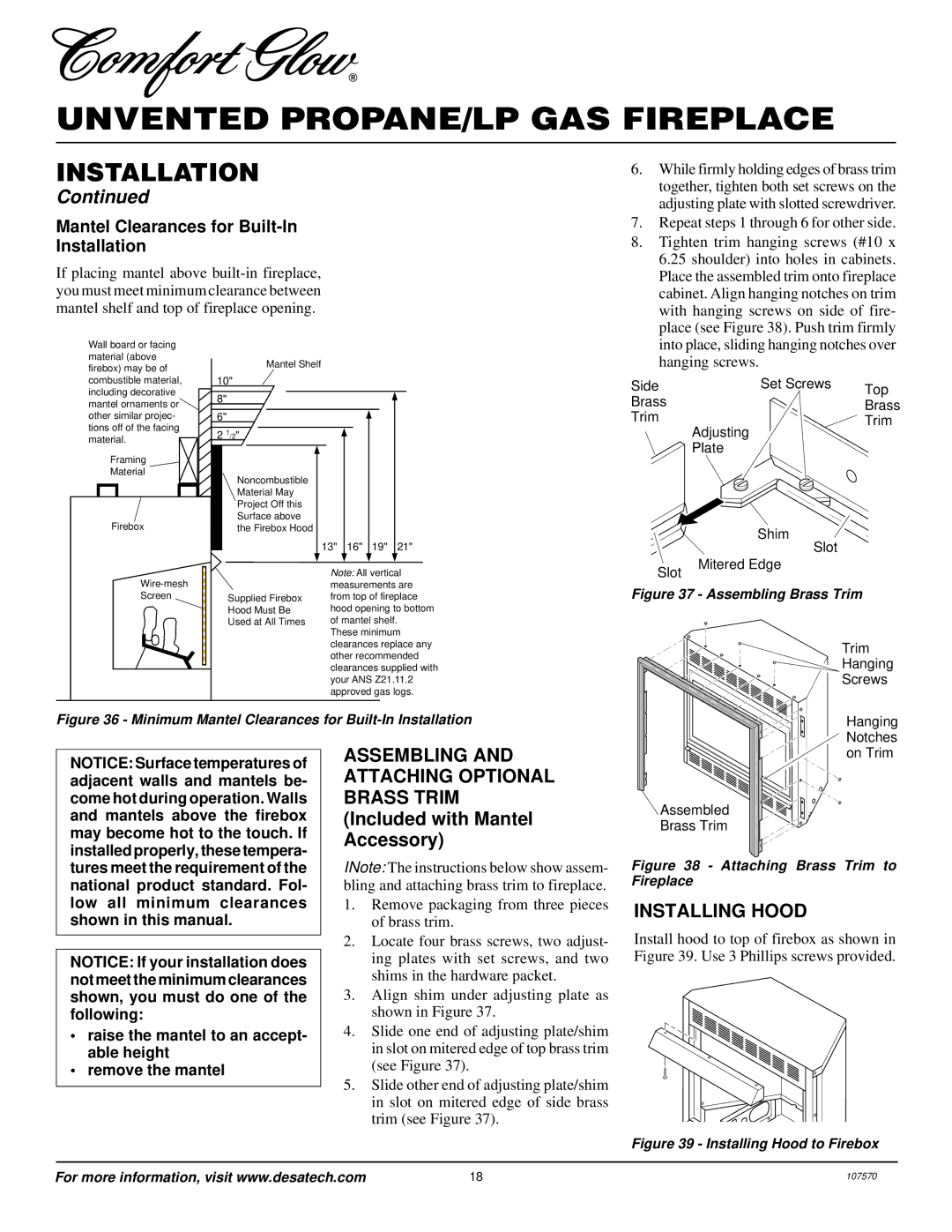 Desa Tech CGEFP33PR installation manual Installing Hood, Mantel Clearances for Built-In Installation 