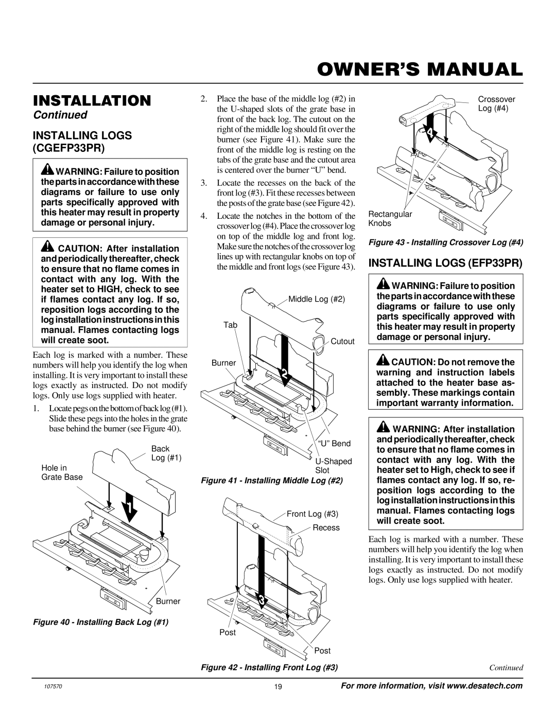 Desa Tech installation manual Installing Logs CGEFP33PR, Installing Logs EFP33PR 