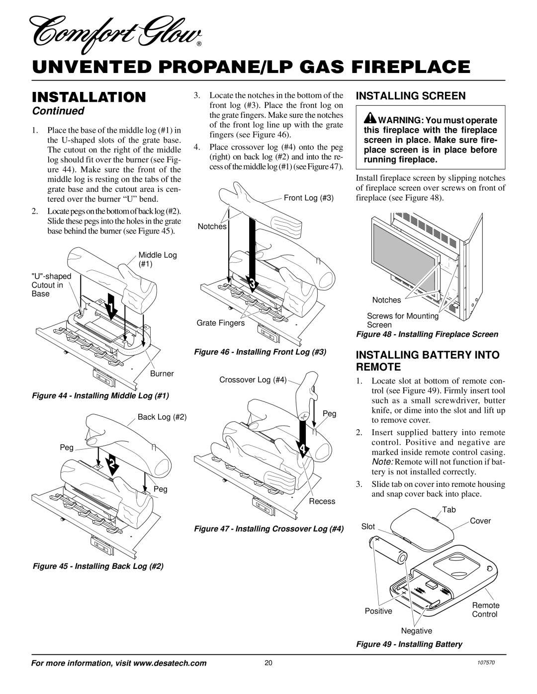 Desa Tech CGEFP33PR installation manual Installing Screen, Installing Battery Into Remote 