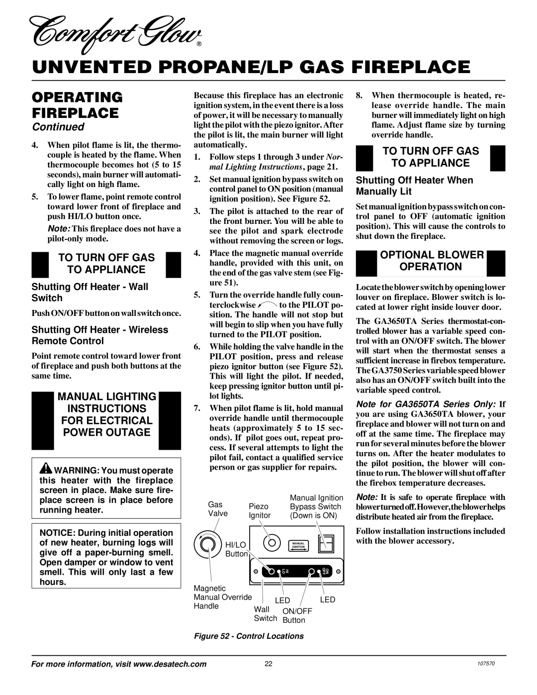 Desa Tech CGEFP33PR To Turn OFF GAS To Appliance, Manual Lighting Instructions For Electrical Power Outage 