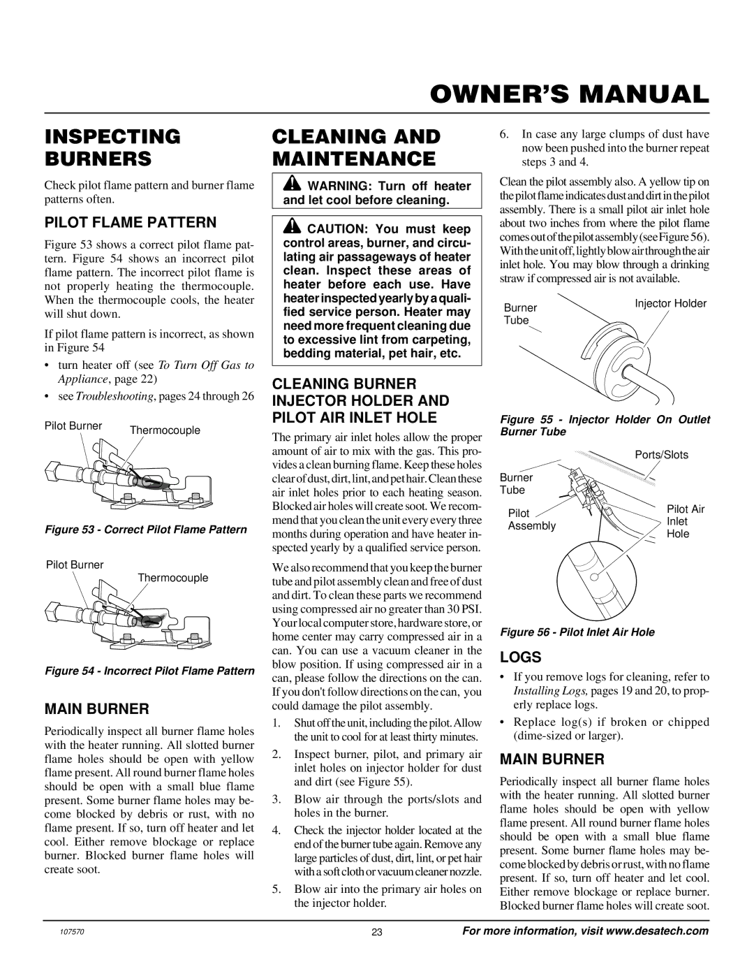 Desa Tech CGEFP33PR installation manual Inspecting Burners, Cleaning and Maintenance 