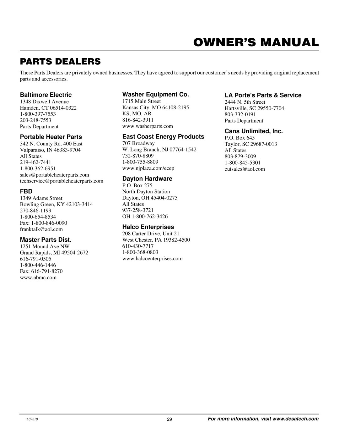 Desa Tech CGEFP33PR installation manual Parts Dealers 