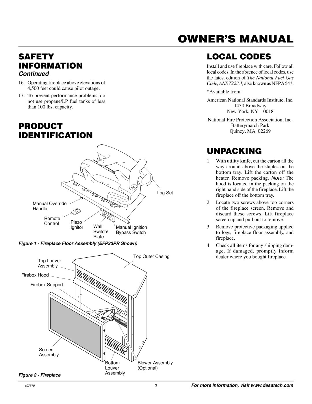 Desa Tech CGEFP33PR installation manual Product Identification, Local Codes, Unpacking 