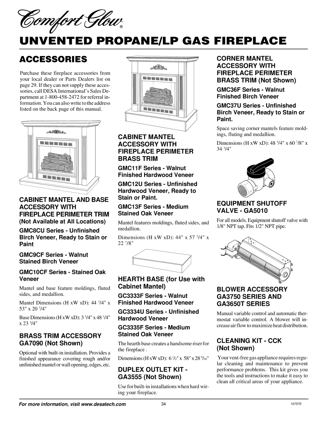 Desa Tech CGEFP33PR installation manual Accessories, Corner Mantel, Equipment Shutoff Valve GA5010 