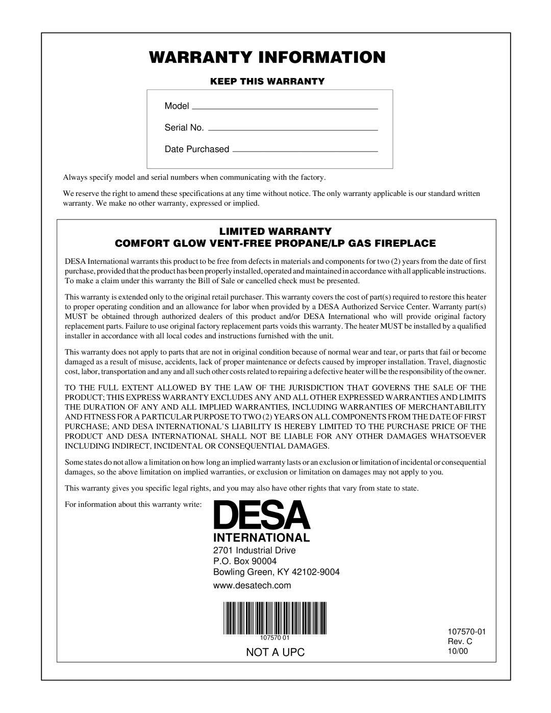 Desa Tech CGEFP33PR installation manual Warranty Information 