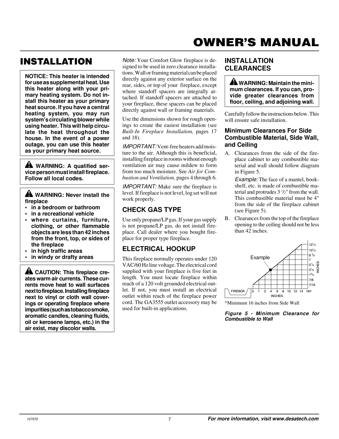 Desa Tech CGEFP33PR installation manual Check GAS Type, Electrical Hookup, Installation Clearances 