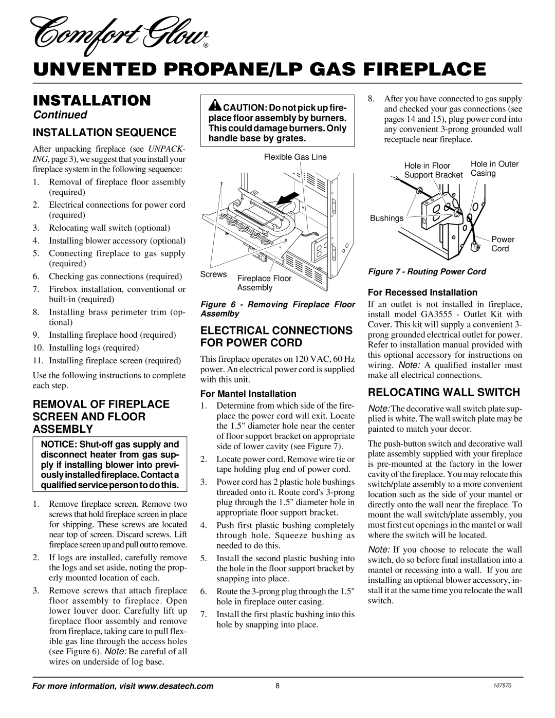 Desa Tech CGEFP33PR Installation Sequence, Removal of Fireplace Screen and Floor Assembly, Relocating Wall Switch 