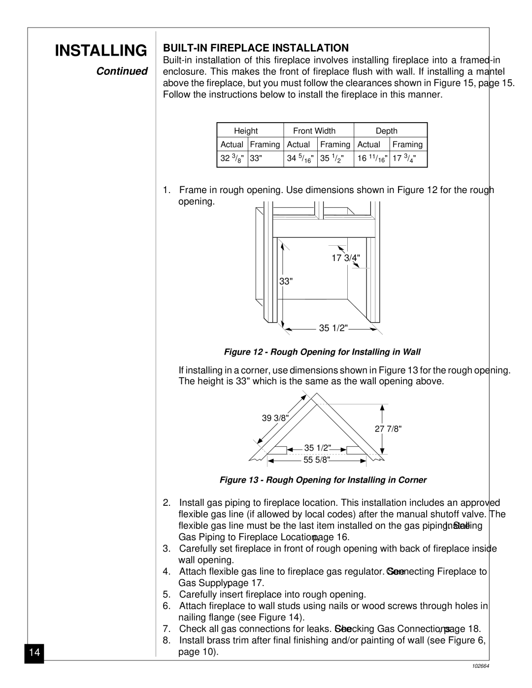 Desa Tech CGF265NVA, CGF280NT installation manual BUILT-IN Fireplace Installation, Rough Opening for Installing in Wall 