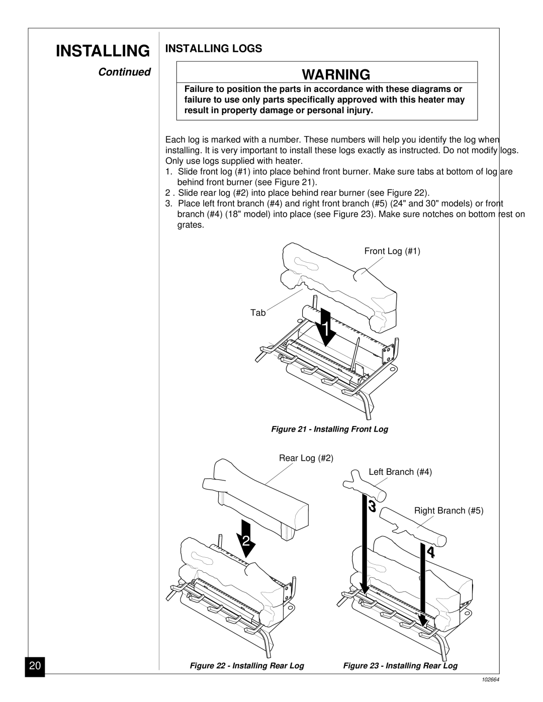 Desa Tech CGF265NVA, CGF280NT installation manual Installing Logs, Installing Front Log 