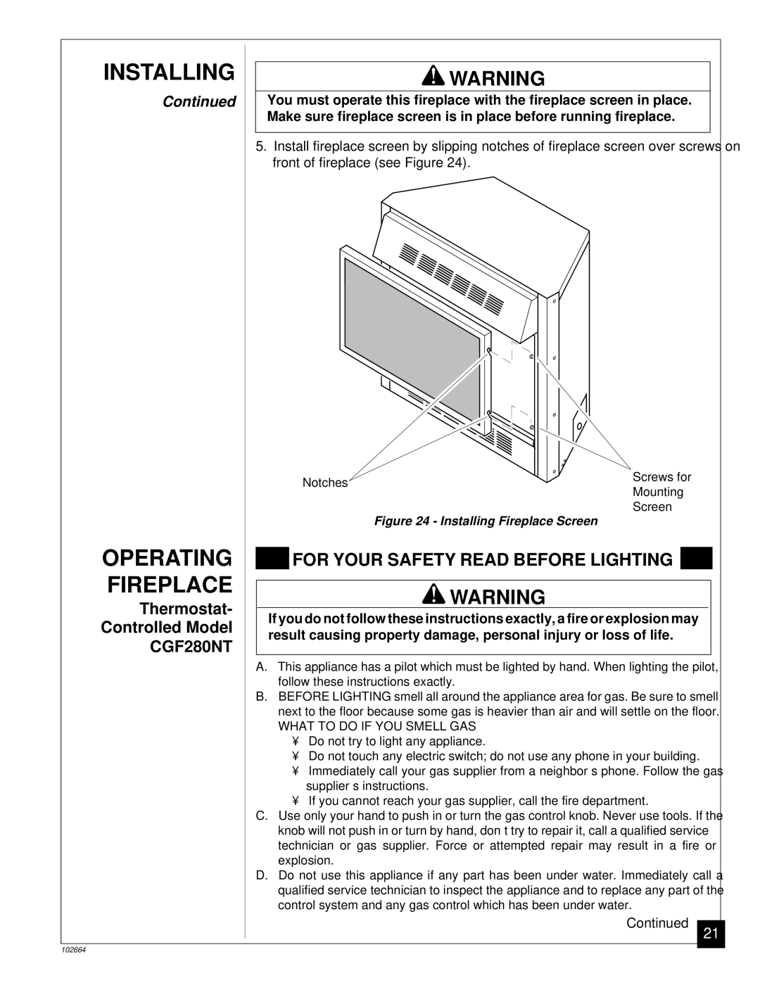 Desa Tech CGF280NT, CGF265NVA installation manual Operating, Fireplace 