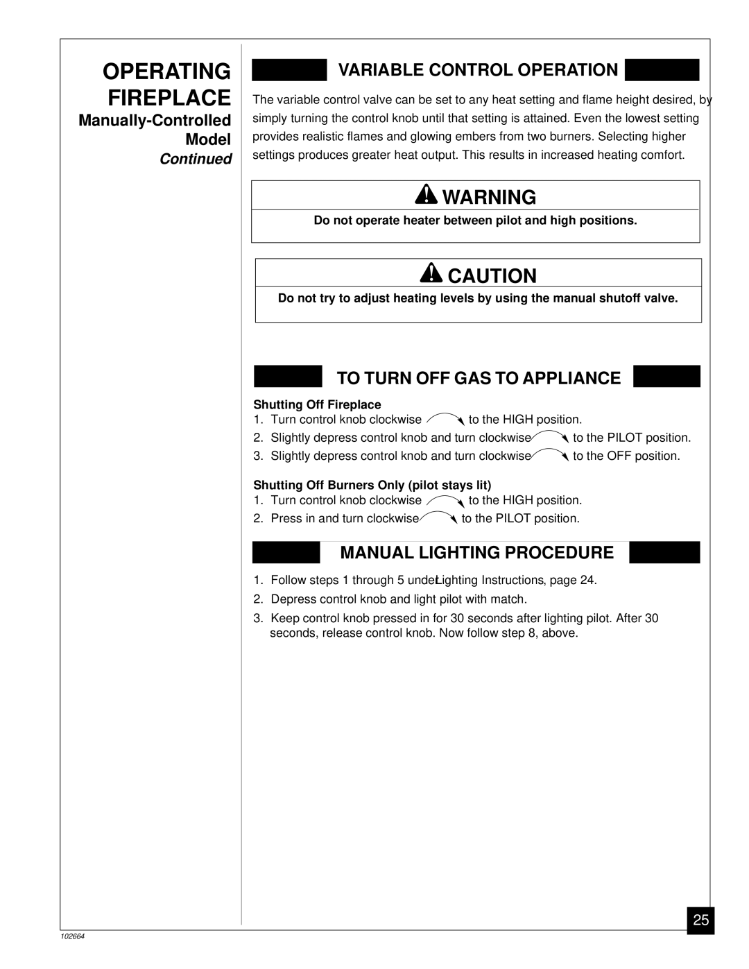 Desa Tech CGF280NT, CGF265NVA installation manual Variable Control Operation 