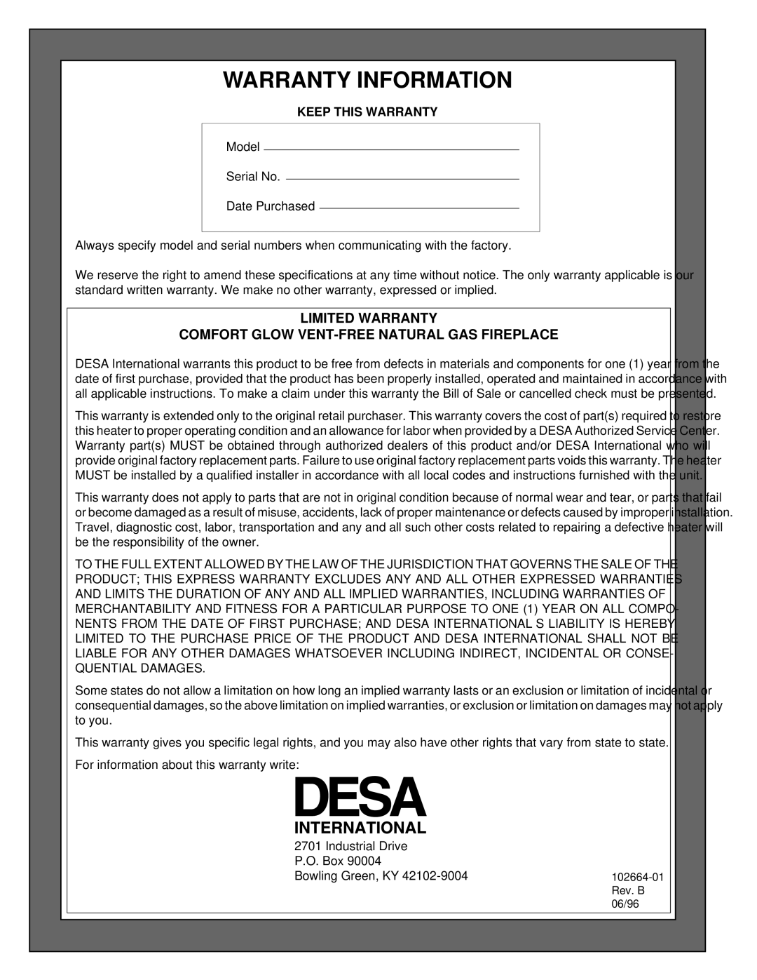 Desa Tech CGF265NVA, CGF280NT installation manual Warranty Information, Keep this Warranty 