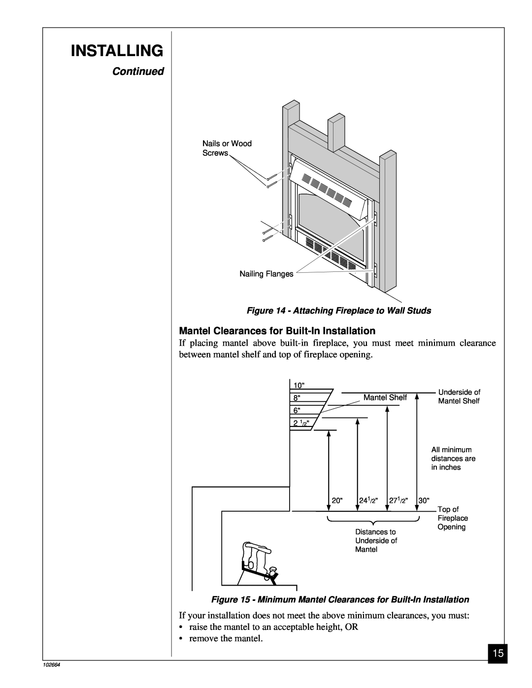 Desa Tech CGF280NT, CGF265NVA installation manual Installing, Continued, Mantel Clearances for Built-InInstallation 
