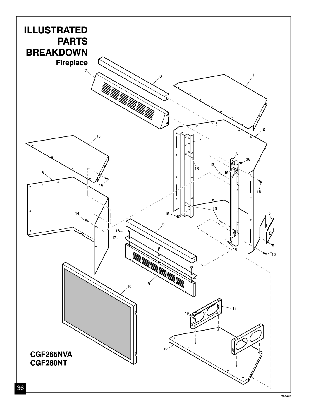 Desa Tech CGF265NVA installation manual Fireplace, CGF280NT, Illustrated, Parts, Breakdown 