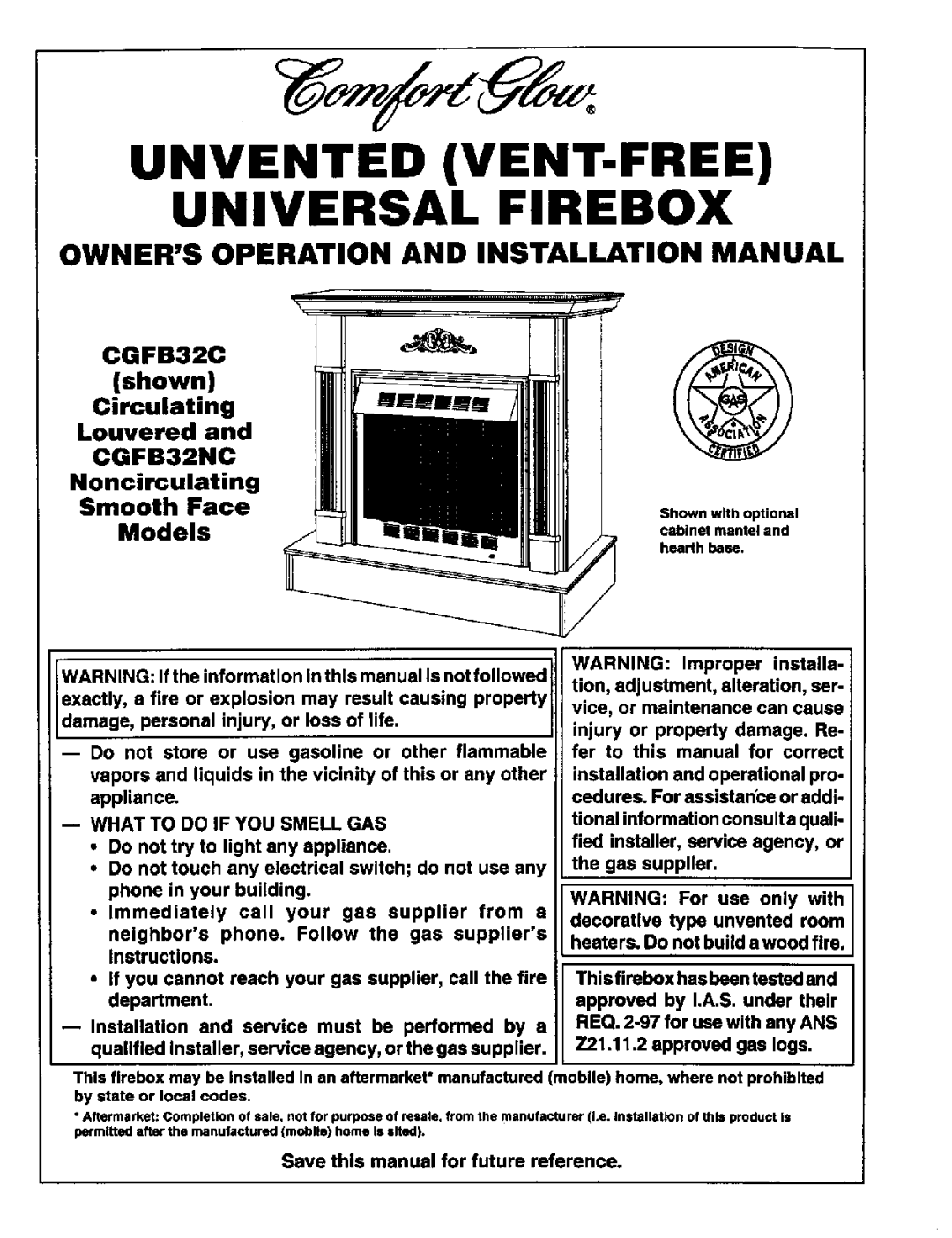 Desa Tech CGFB32C, CGFB32NC installation manual Unvented VENT-FREE Universal Firebox, What to do if YOU Smell GAS 