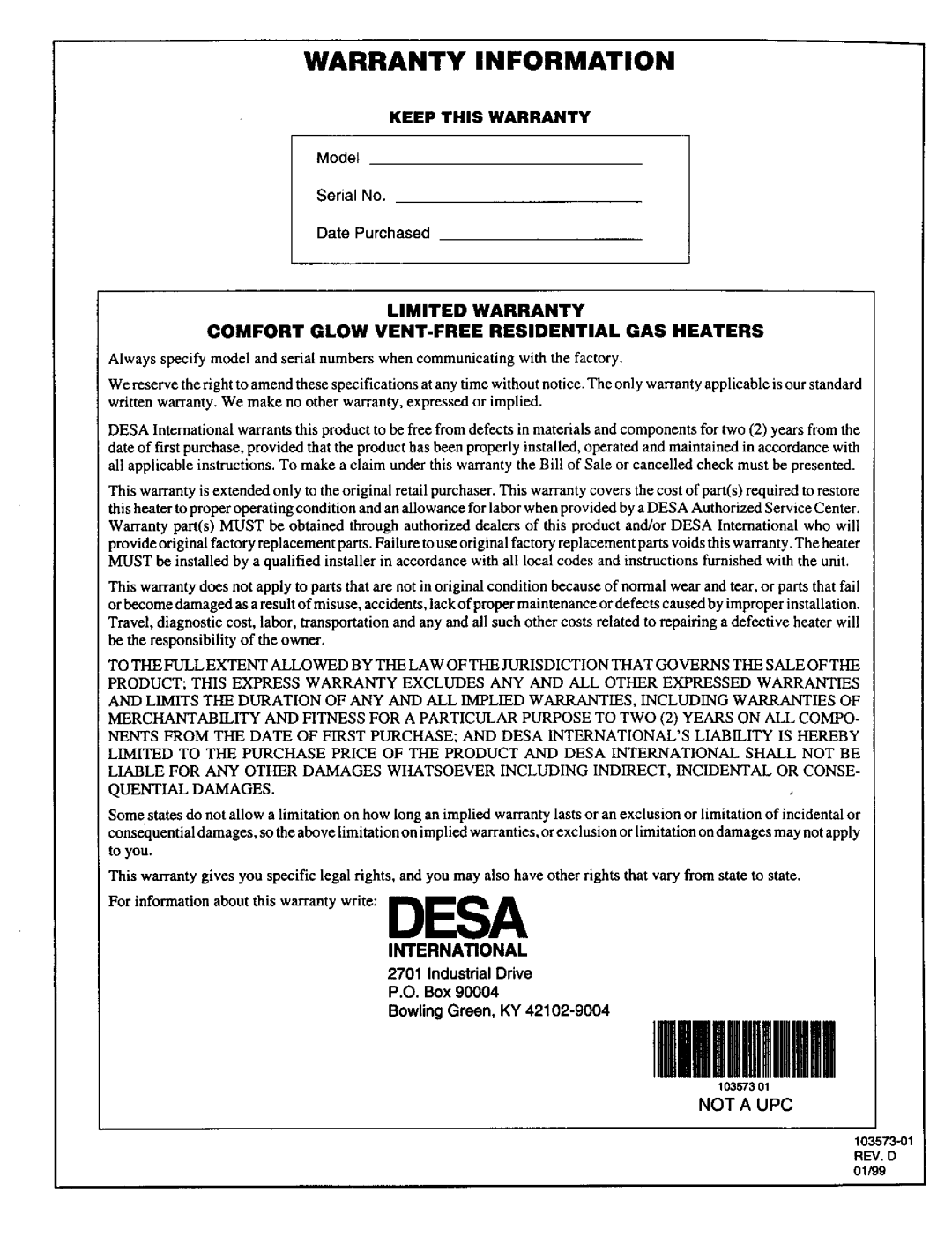 Desa Tech CGFB32NC Warranty Information, Keep this Warranty, International, Industrial Drive Box Bowling Green, KY 