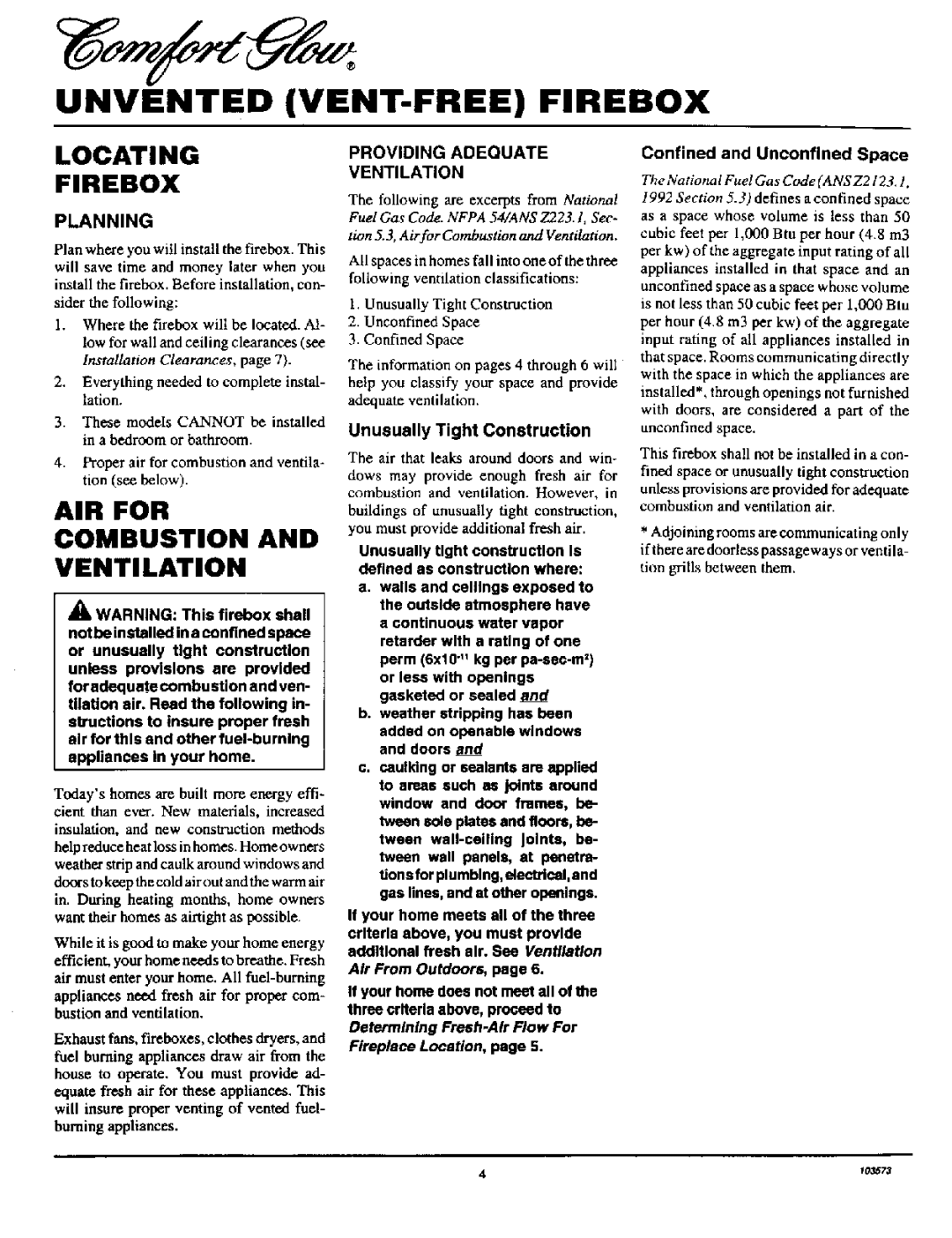 Desa Tech CGFB32NC, CGFB32C Locating Firebox, AIR for Combustion and Ventilation, Planning, Providing Adequate Ventilation 