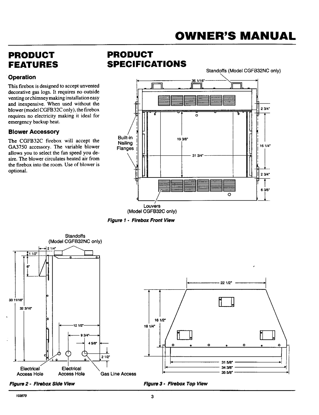 Desa Tech CGFB32C, CGFB32NC Owners Manual, Productproduct Featuresspecifications, li, ?, Firebox Top View 