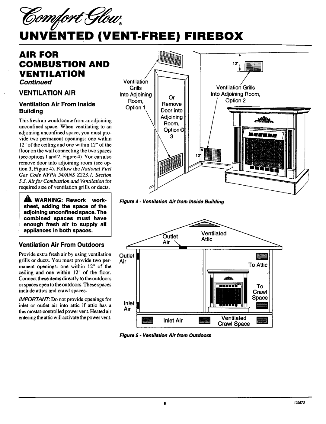 Desa Tech CGFB32NC, CGFB32C installation manual Unvented, Vent-Free, Firebox, Air For, Combustion, Ventilation, Continued 
