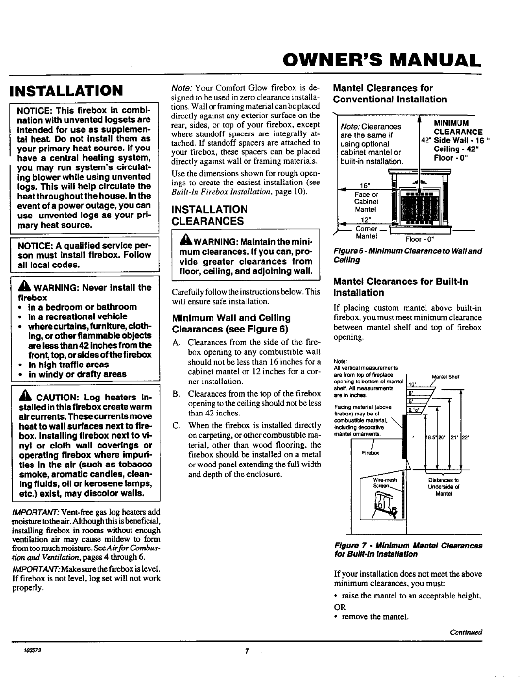 Desa Tech CGFB32C, CGFB32NC installation manual Installation, Owners Manual, Minimum Clearance to Walland Ceiling, propedy 