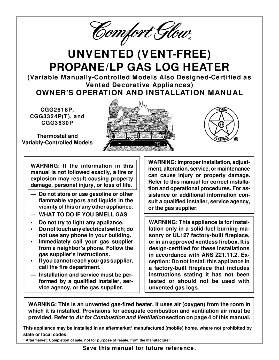 Desa Tech CGG3630P, CGG2618P installation manual OWNER’S Operation and Installation Manual, What to do if YOU Smell GAS 