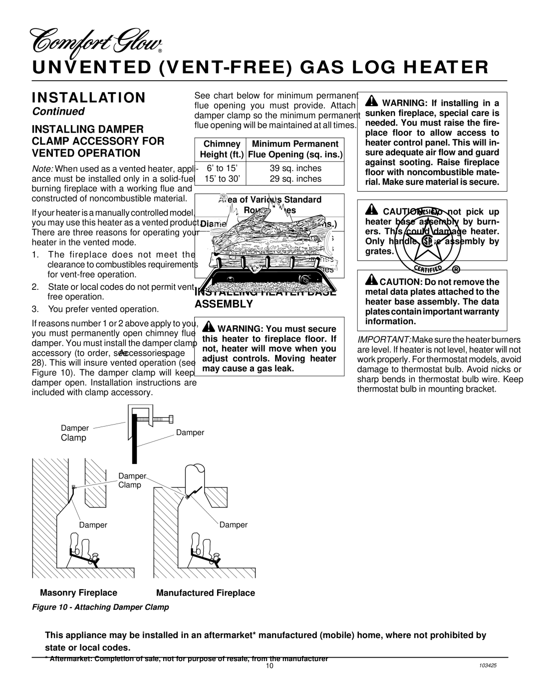 Desa Tech CGG3630P, CGG2618P Installing Damper Clamp Accessory for Vented Operation, Installing Heater Base Assembly 