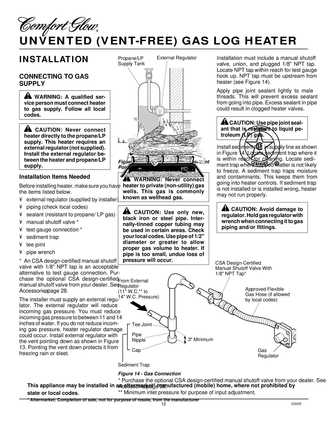 Desa Tech CGG2618P, CGG3630P, CGG3324PT Connecting to GAS Supply, External Regulator With Vent Pointing Down 