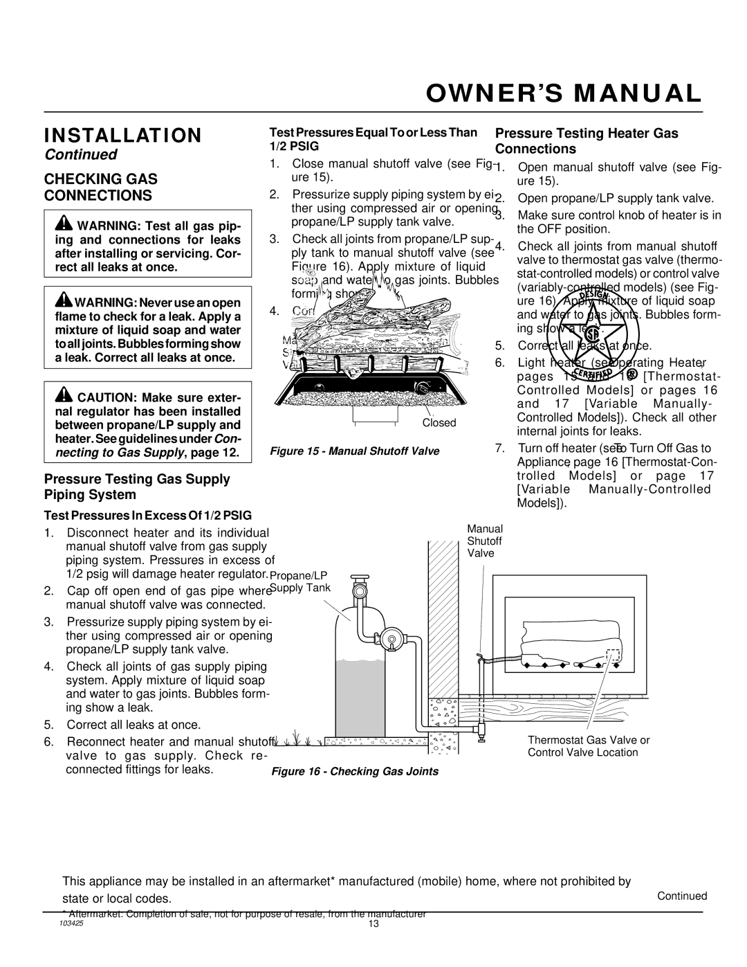 Desa Tech CGG3630P, CGG2618P, CGG3324PT Checking GAS Connections, Pressure Testing Gas Supply Piping System 